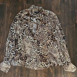 LAFAYETTE 148 Leopard bow blouse 8 semi sheer silk animal print button down